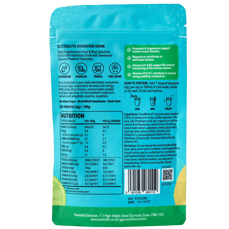 Purearth Electrolyte Hydration Drink – Citrus & Blue Spirulina 180g | Sugar Free Electrolyte Powder with Magnesium & Coconut Water | for Energy, Recovery & Muscle Function | 30 Servings