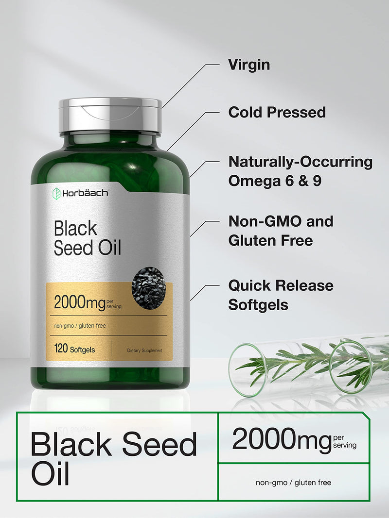 Horbäach Black Seed Oil 2000mg | 120 Softgel Capsules | Cold Pressed Nigella Sativa Pills | Non-GMO, Gluten Free Supplement