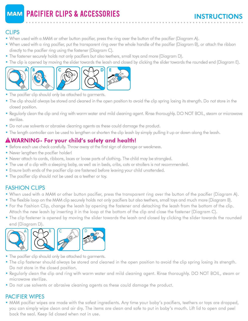 MAM 2 Clips for Pacifiers With Fasteners and Flexible Rings for Boys, Designs May Vary 2 Pack Boy