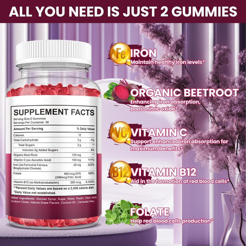 Iron Gummies Supplement for Women & Men, Iron Supplements for Anemia with Vitamin C, B12, Folate-Blood Builder & Energy Support for Iron Deficiency-Grape Flavor, Vegan, 60 Gummies Grape 60 Count (Pack of 1)
