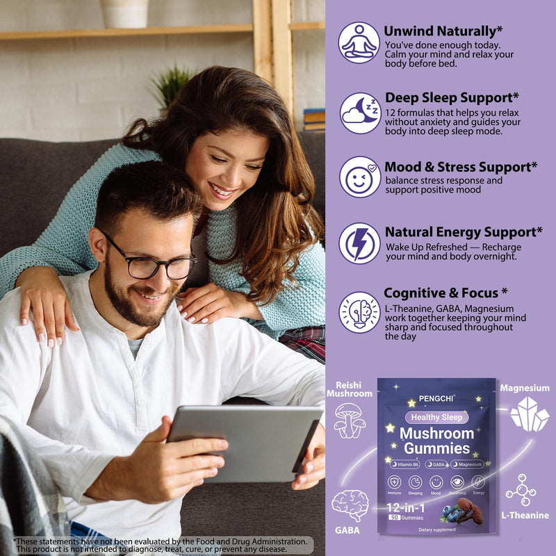 PENGCHI Mushroom Sleep Gummies - for Adult | Reishi, Saffron, Vitamin B6, Magnesium, Passionflower, GABA & Chamomile - Calm & Relaxation Support, Restful Sleep & Nighttime Routine, 90 Counts