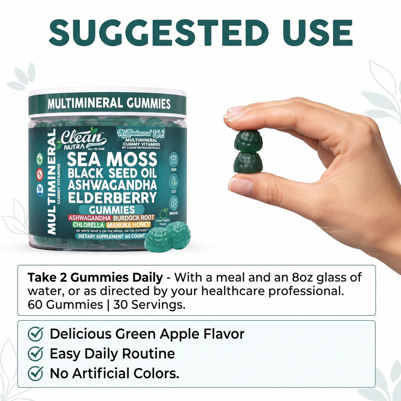 Sea Moss Gummies | Clinically Tested - Black Seed Oil Ashwagandha Elderberry Burdock Root Chlorella Manuka Honey - Vegan Irish Sea Moss Gummy Vitamins for Adults Kids Men Women - Green Apple Flavor 1