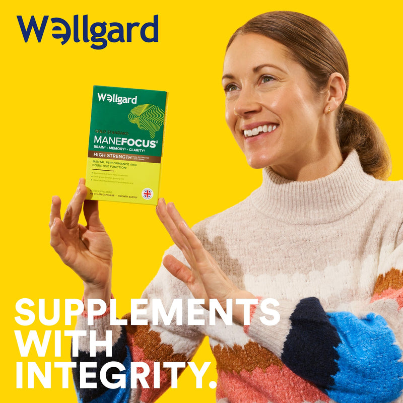 Wellgard Manefocus - Lions Mane Supplement Capsules for Mental Performance, Brain Health, Memory, Clarity, 60 Capsules