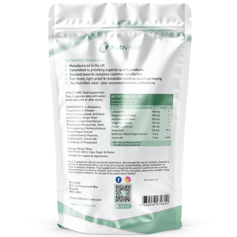 Peppermint Wellness XR Complex | 60 Vegan Capsules | Digestive Comfort, Bloating Relief, Calm Gut Function & Post-Meal Ease | Peppermint Oil, Ginger, Fennel, L-Glutamine, Magnesium & B6 | by NutriVolv