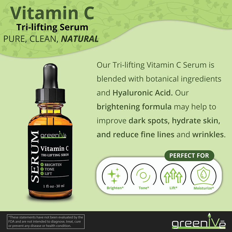 GreenIVe Vitamin C Serum for Face with Hyaluronic Acid & Vegetable Collagen - Tri-Lifting Hydrating Facial Serum - Brightening Skin Care for Glowing Complexion - Vegan & Cruelty Free - 1 fl oz 1 Fl Oz (Pack of 1)