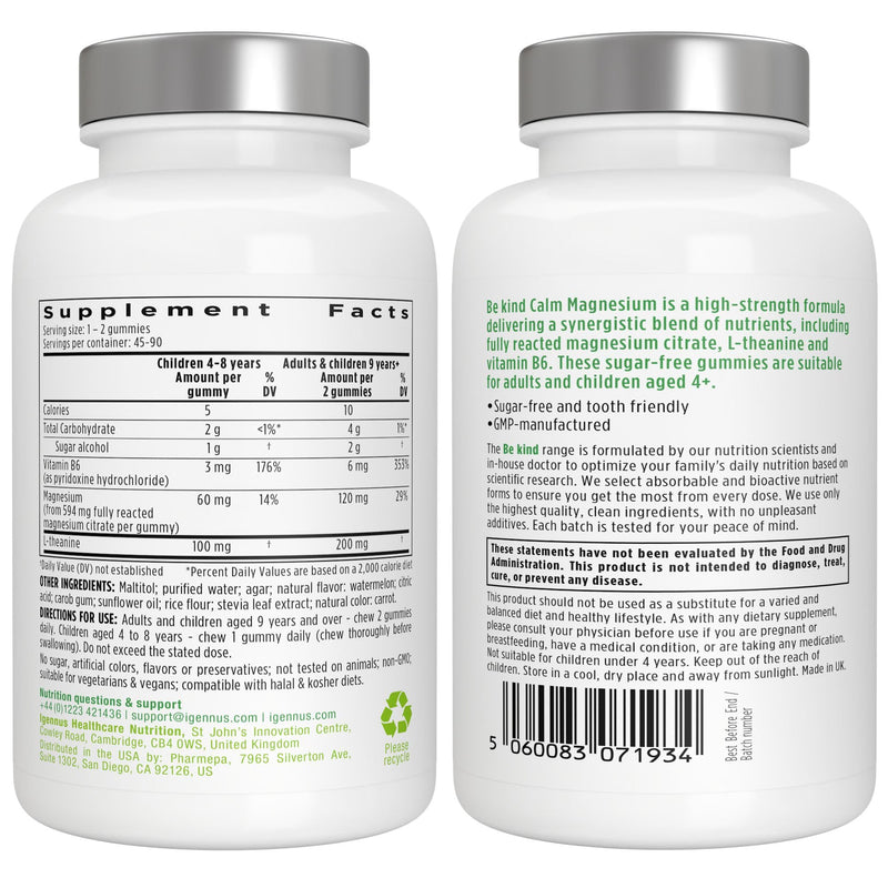 Igennus Calm Magnesium Gummies with L-Theanine & B6, 90 Watermelon Gummies | High-absorption reacted magnesium citrate for calm and nervous-system support; adults & kids, sugar-free, vegan
