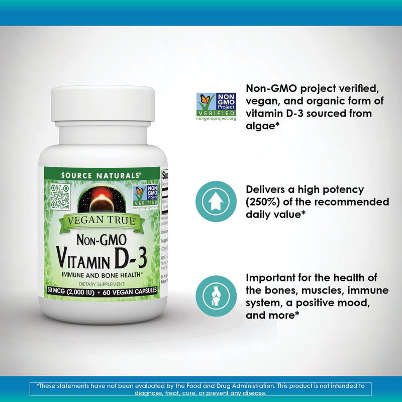 Source Naturals Vegan True, Vitamin D-3, 2,000 IU - 60 Vegan Capsules | Non-GMO | Immune and Bone Health* 60 Count (Pack of 1)