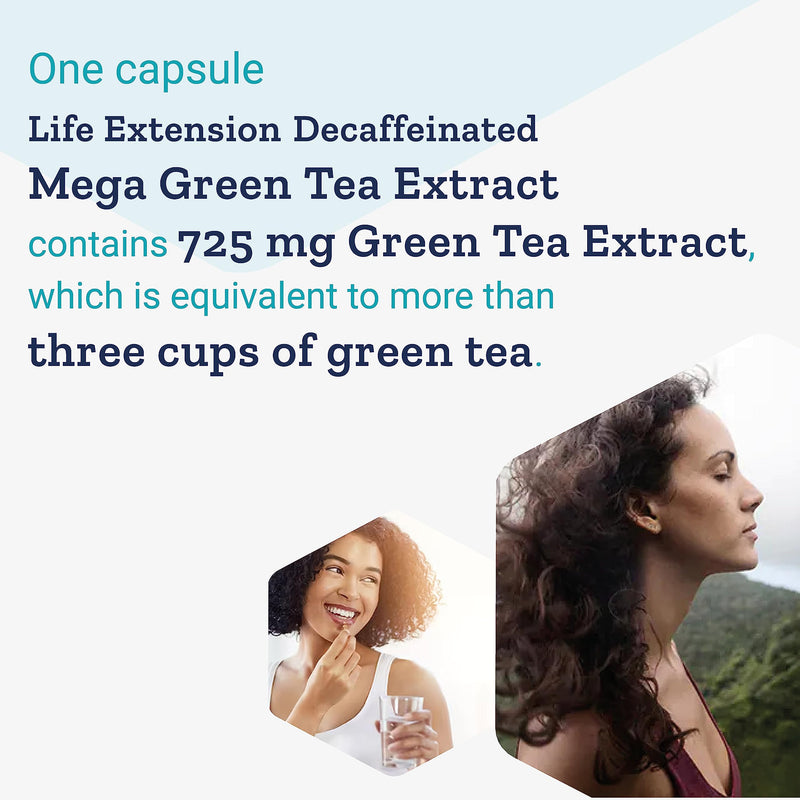 Life Extension, Mega Green Tea Extract, 725mg, Decaffeinated, 100 Vegan Capsules, Lab-Tested, Vegetarian, Gluten-Free, Soy-Free, Non-GMO