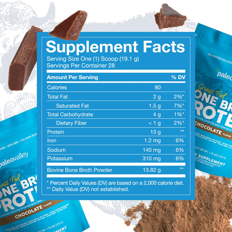 [Australia] - Paleovalley 100% Grass Fed Beef Bone Broth Protein Powder - Rich in Collagen Peptides for Hair, Skin, Gut Health, Bone and Joint Support - 15g Protein Per Serving - No Gluten or GMOs - Chocolate 1.18 Pound (Pack of 1) 