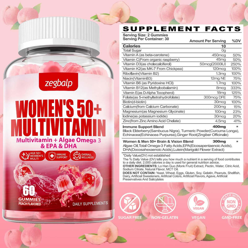Womens Multivitamin 50 Plus Gummies - Methylated Multivitamins Gummy | with Vitamin A C D3 E K2, B Complex, Calcium, Magnesium, Zinc, Folate, Biotin - Multi Vitamins & Minerals - Sugar-Free Peach 60 Count (Pack of 1)