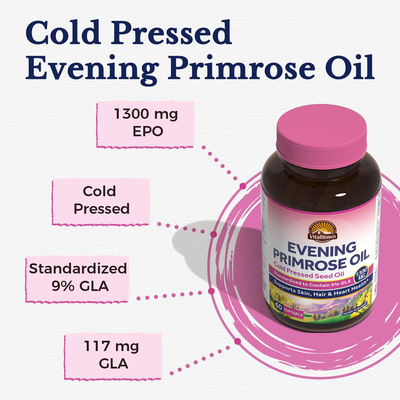 [Australia] - Vitalitown Evening Primrose Oil 1300mg, Cold-Pressed Seed Oil, Standardized 9% GLA (Gamma-Linolenic Acid), Healthy Skin & Hormonal Balance for Women, Non GMO, 60 Softgels 