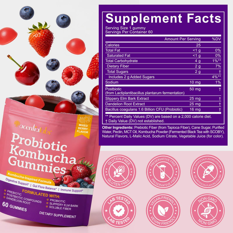 Probiotic Kombucha Gummies 60 Count with Prebiotics, Probiotics, and B Vitamins, Natural Mixed Berry Flavor, Probiotics for Women & Men