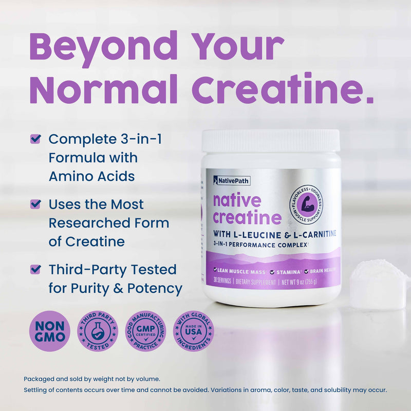 [Australia] - NativePath Creatine Monohydrate Powder with L-Leucine & L-Carnitine - Muscle Building Supplement for Men & Women - 30 Servings 