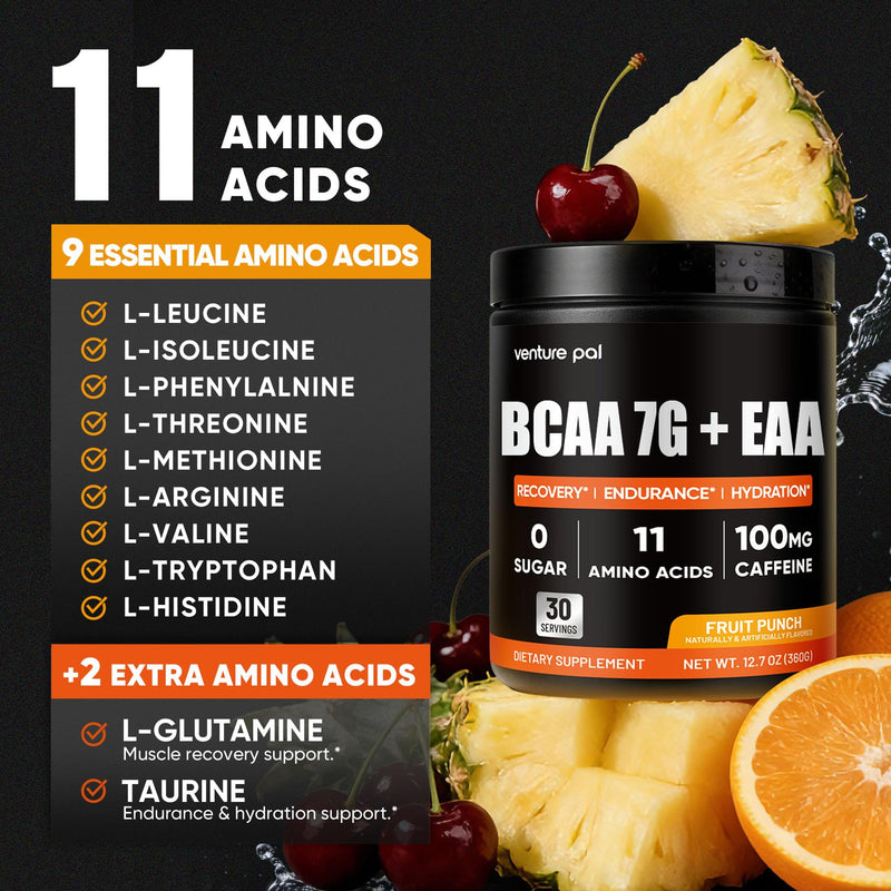 Venture Pal Sugar Free 7g BCAA + EAA Powder | Supports Muscle Recovery, Growth, Strength & Endurance – 9 Essential Amino Acids with L-Glutamine, Caffeine, Vitamin & Electrolyte for Energy & Hydration 12.7 Ounce（Pack of 1) V1-Fruit Punch-1