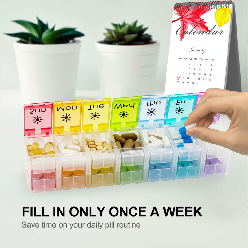 XL Weekly Pill Organizer Twice a Day, Arthritis Friendly (C&R) | AM PM Travel 7 Day Pill Box Case, Large Pill Case to Hold Vitamins, Fish Oil,Supplements and Medication Clear