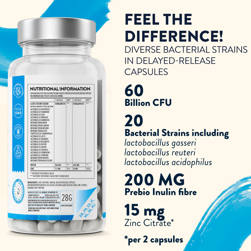 Bio Cultures Complex [ 30-60 Billion CFU ] by Aavalabs - 20 Bacterial Cultures Per Serving - Including Lactobacillus Reuteri, Lactobacillus Gasseri, Lactobacillus Acidophilus - with Zinc and Inulin