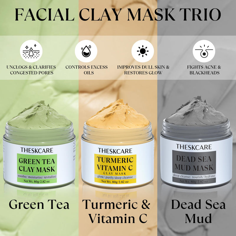 3 PCS Clay Mask Turmeric Vitamin C Dead Sea Mud Green Tea Face Mask 240g | Set with turmeric vitamin C, dead sea mud, and green tea masks to control oil, cleanse and reveal radiant glow. 2.82 oz each.