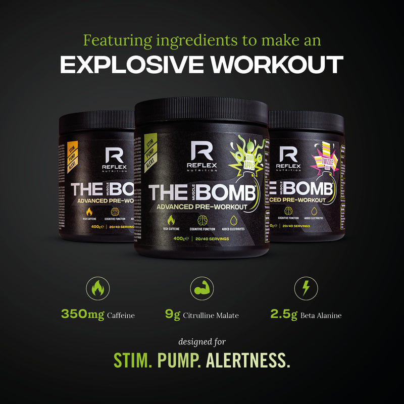 Reflex Nutrition The Muscle Bomb Caffeine Pre Workout Powder - 350mg Caffeine, 9g Citrulline Malate, 2.5g Beta Alanine - Energy, Pump & Focus for Explosive Workouts (Sour Apple, 400g, 20 Servings) Sour Apple
