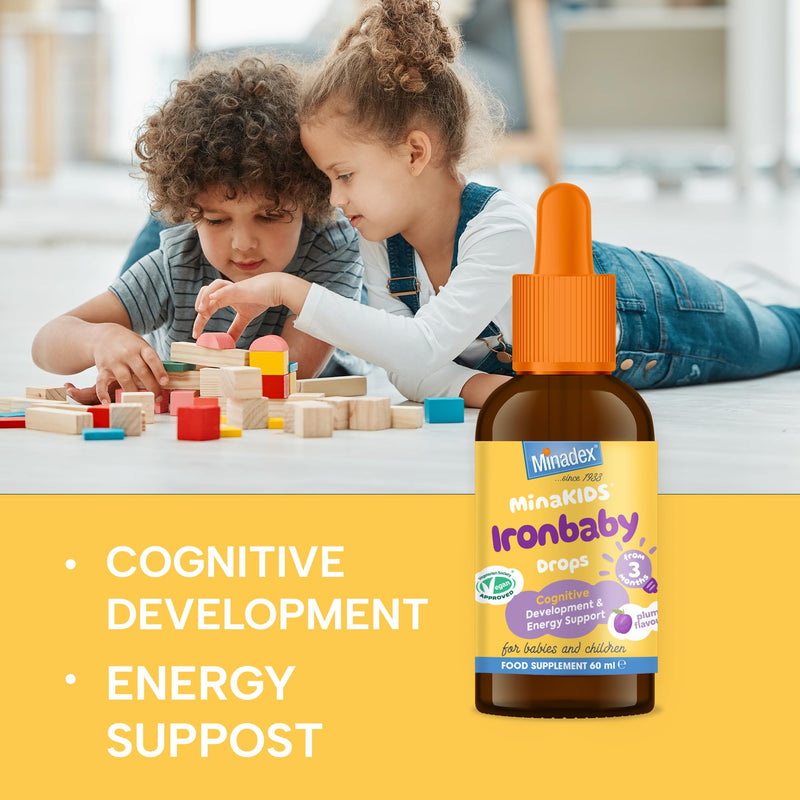 MinaKIDS Ironbaby Drops – Tasty Plum Flavoured Everyday Iron Supplement for Babies and Children, Minimal Iron Aftertaste, Supports Immune Health, Sugar-Free, Vegan, 60ml
