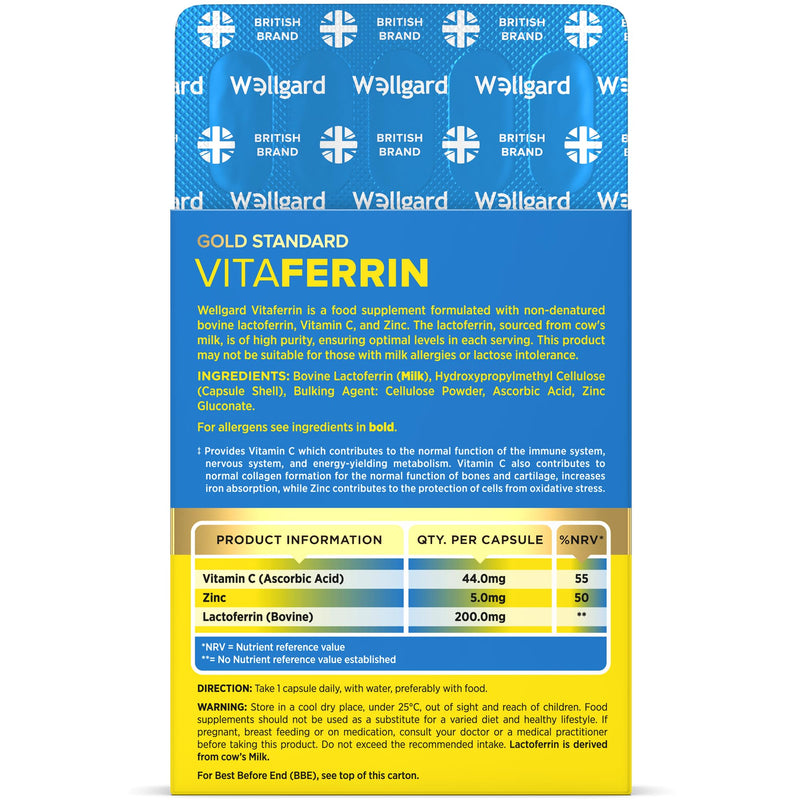 Wellgard Vitaferrin – Triple Action Immune Supplement Colostrum Lactoferrin, Zinc & Vitamin C, Immunity Supplement, 30 Capsules