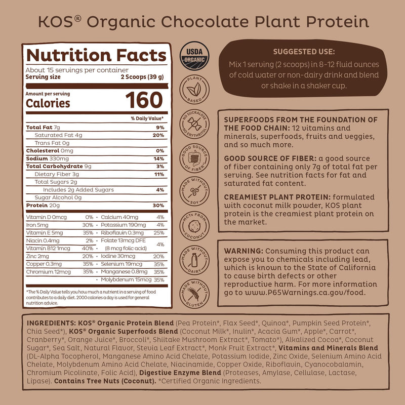 KOS Plant Based Protein Powder, Chocolate USDA Organic - Low Carb Pea Protein Blend, Vegan Superfood with Vitamins & Minerals - Keto, Soy, Dairy Free - Meal Replacement for Women & Men - 15 Servings 20.6 Ounce (Pack of 1)