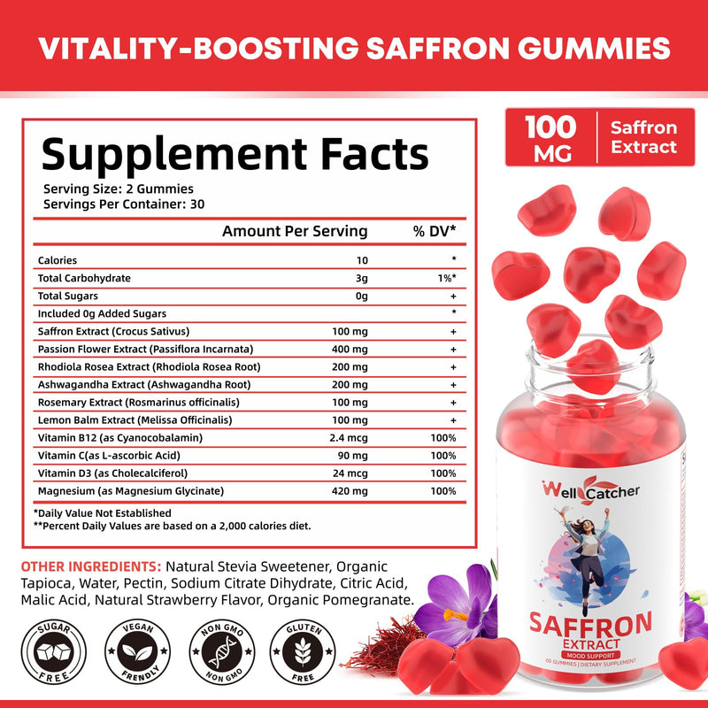 Saffron Gummies for Adults Kids - Organic Saffron Extract Supplement for Men Women Sugar Free for Mood Balance Support Better Sleep Metabolism with Vitamins Non GMO Strawberry Flavored 30 Days Supply 60 Count (Pack of 1)