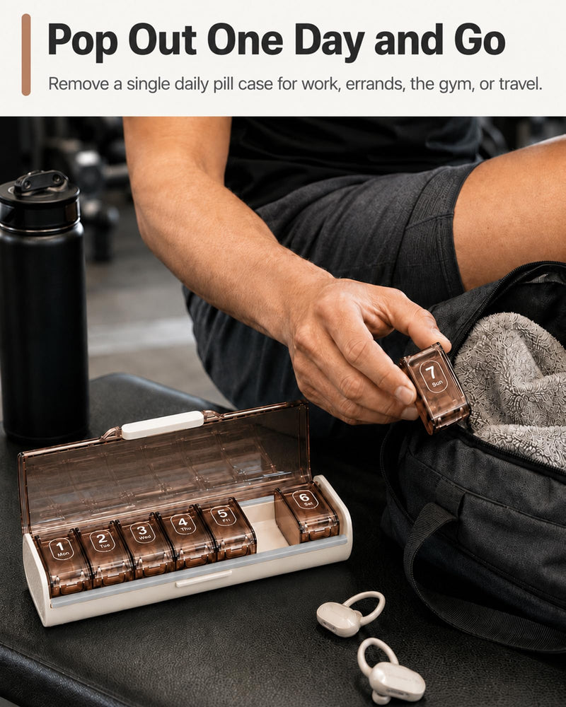 7 Day Pill Organizer, Travel Weekly Pill Box, 7 Removable Daily Cases | Travel-ready vitamin organizer with Easy Open access, BPA-Free, large capacity, Triple Moisture Protection, Brown White.