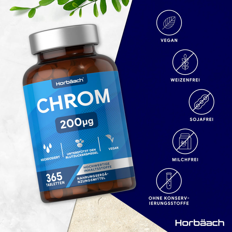 [Australia] - Chromium Tablets from Chromium Picolinate 200 mcg | 1 year supply - 365 vegan tablets | High-dose Chromium Picolinate | without unnecessary additives | Horbaach 