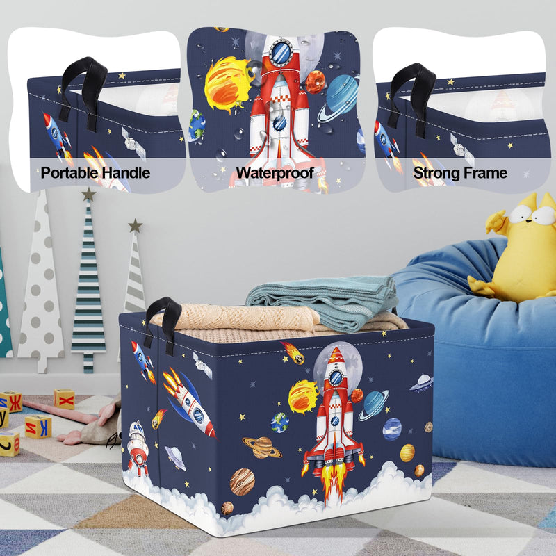 [Australia] - Clastyle Space Rocket Launch Storage Basket Boy Pool Beach Towel Bin Blue Planets Toy Book Shelf Basket Meteorit Rectangle Gift Clothes Cube 40*30*30 cm 