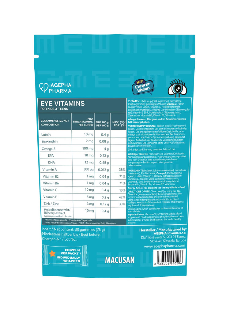Macusan® Eye Health Gummies for Kids & Teens – Vision Support & Blue Light Protection with Omega-3, Lutein & Essential Vitamins – Sugar-Free, Berry Flavor – 30 Gummies