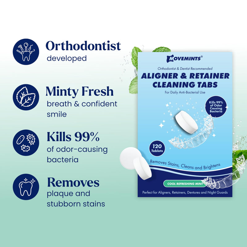 [Australia] - Movemints Cleaning Tablets for Aligners, Retainers, Dentures, Night Guard – Ultrasonic Compatible – Freshen Appliance and Remove Stains, Odors, and Plaque – Mint, 120 Count 