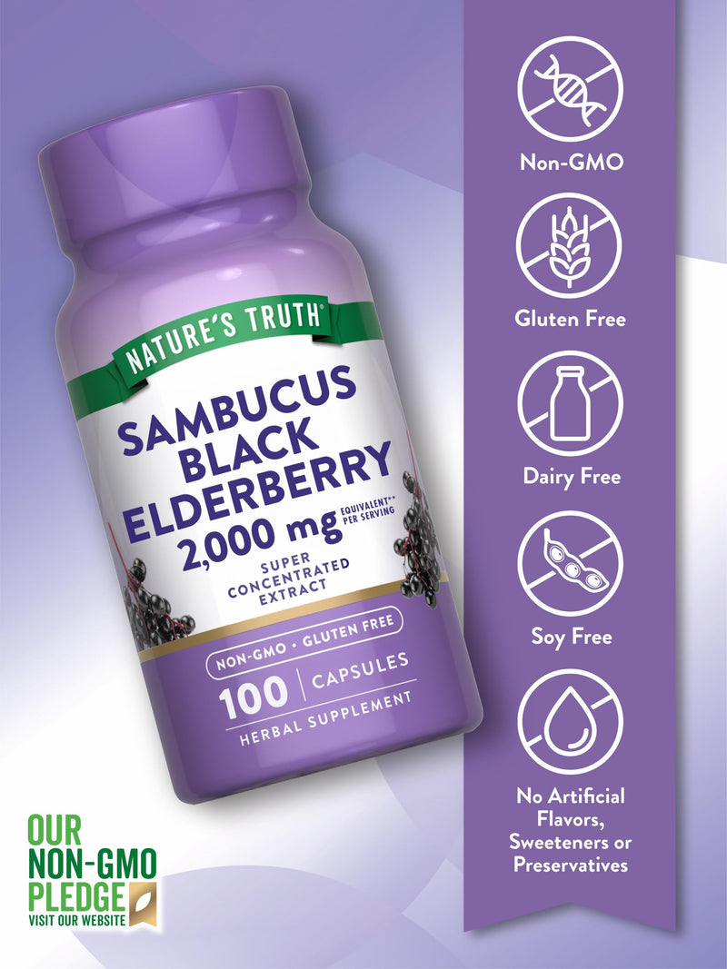 [Australia] - Nature's Truth Black Elderberry Capsules | 100 Count | Super Concentrated Sambucus Extract | Non-GMO and Gluten Free Supplement 100 Count (Pack of 1) 