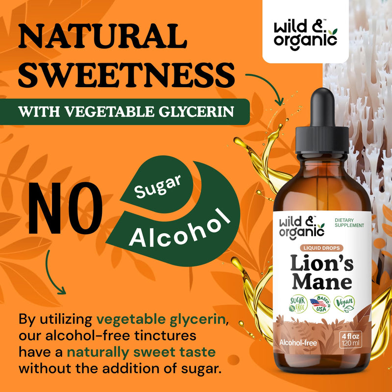 [Australia] - Wild & Organic Lions Mane Liquid Drops - Brain & Focus Support - Lion's Mane Mushroom Supplement - Hericium Erinaceus Mushroom Drops - Vegan, Sugar & Alcohol-Free Extract Tincture - 4 fl oz 4 Fl Oz (Pack of 1) 