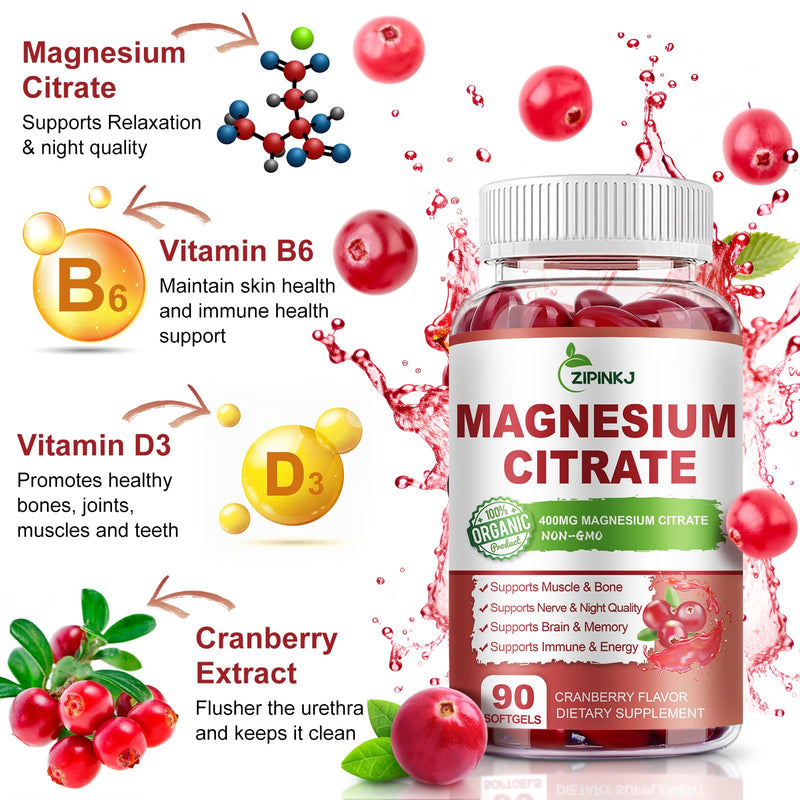 Magnesium Citrate Supplements 400mg for Women & Men, 270 Count | Magnesium Citrate with Vitamin D3, B6 and Cranberry Extract High Absorption for Night Quality, Muscle & Bone, 135 Servings 90 Count (Pack of 3)