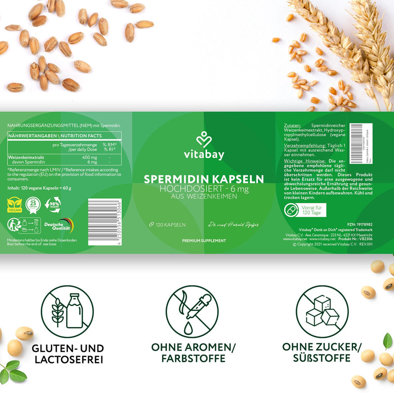 [Australia] - Vitabay Spermidine Capsules High Dose 6 mg - 120 VEGAN Capsules Spermidine from Wheat Germ - Pure Wheat Germ Spermidine - Laboratory Tested 60 g (Pack of 1) 