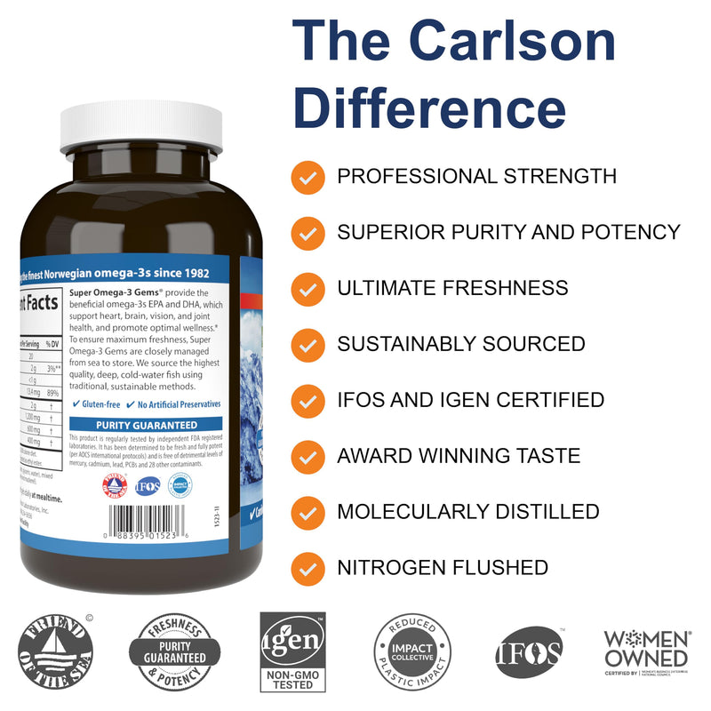 Carlson Super Omega-3 Gems, 1200 mg, Omega-3s, 300 Softgels | with EPA and DHA; Wild Caught Norwegian Fish Oil Supplement; Sustainably Sourced Fish Oil Capsules; Omega 3 Supplements Unflavored 300 Count (Pack of 1)