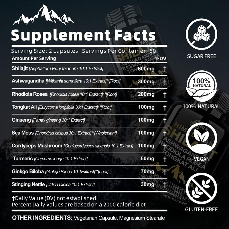 [Australia] - Shilajit for Men & Women - 10-in-1 Pure Himalayan Shilajit Capsules with Organic Ashwagandha | Rhodiola Rosea | Tongkat Ali Supplements for Lmmune Support, Energy & Endurance, Stress Less - 120 120 Count (Pack of 1) 