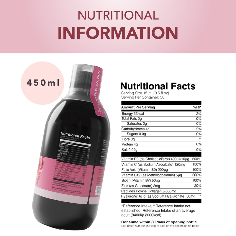 Reverse Life - Limited Edition Very Cherry Skin Booster - 5,000mg Hydrolysed Collagen with Biotin, Vitamin C, B12 & Folic Acid - 30-Day Dose - Collagen Supplements - 450ml 30 Day Supply