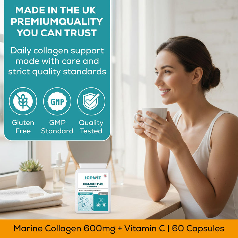 Collagen Plus with Vitamin C, Marine Collagen Capsules, 1200mg Collagen per Serving, Vitamin C 24mg, 60 Capsules, Food Supplement, Letterbox Friendly Flat Bottle