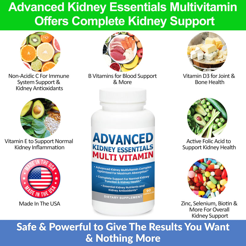 Advanced Kidney Essentials Multivitamin. Kidney Support Supplement for Complete Kidney Health. Kidney Health Supplement with Renal Vitamins 30 Caps 30 Count (Pack of 1)