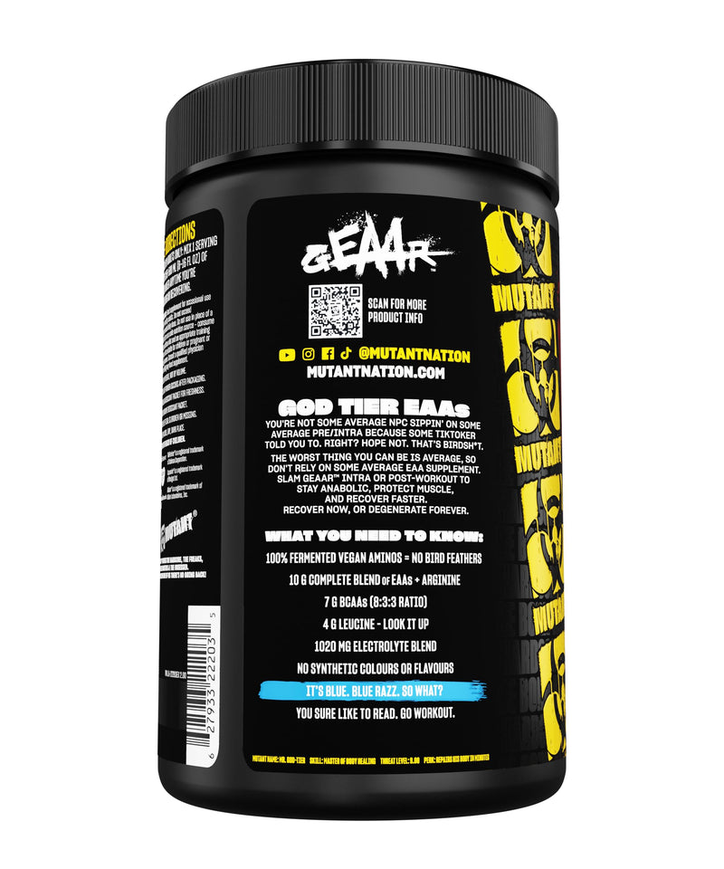 MUTANT GEAAR | 9.4g of EAA Powder + Arginine, 7g BCAAs, 4g Leucine, Electrolytes, Coconut Water, No Artificial Colours or Flavours | 30 Servings | Blue Raspberry