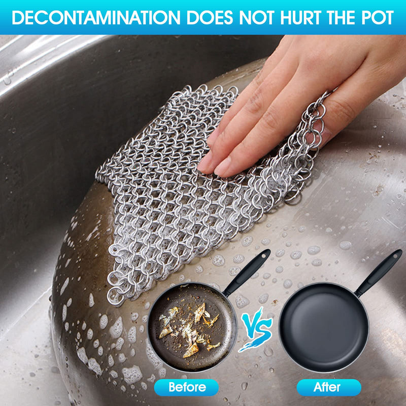 [Australia] - Cast Iron Cleaner 6" x 6.3" Premium 316L Stainless Steel Chainmail Scrubber for Skillet, Wok, Pot, Pan; Pre-Seasoned Pan Dutch Ovens Waffle Iron Pans Scraper Cast Square 