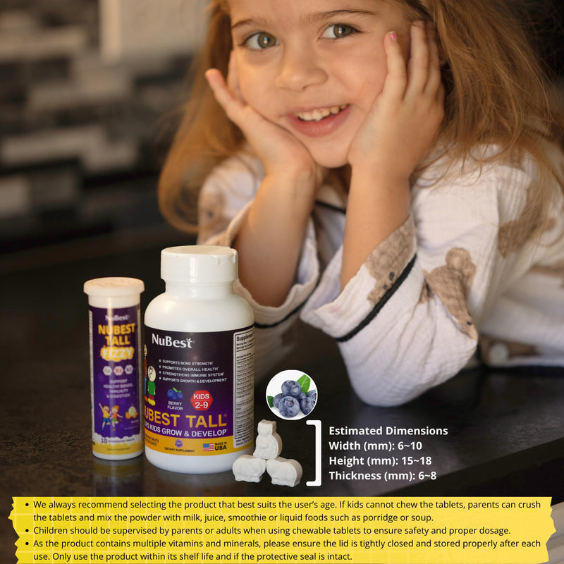 NuBest Tall Kids - Toddlers Vitamins and Kids Vitamins for Age 2 to 9 - Support Bone Strength, Overall Health and Immunity - Animal Shapes - 90 Chewable Berry Tablets | 6 Weeks Supply Mixed Berries 90 Count (Pack of 1)