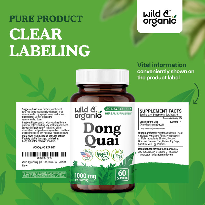 [Australia] - Wild & Organic Dong Quai Capsules for Women - 1000 mg per Serving - Dong Quai Root Supplement - 30-Day Supply - Traditional Angelica Sinensis - Non-GMO, Vegan - 60 Count 
