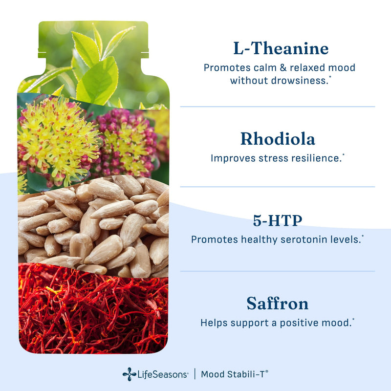 LifeSeasons Mood Stabili-T Emotional Support & Balance Supplement with Saffron, Rhodiola, L-Theanine, 5-HTP & Ginkgo – Calm Focus, Stress Support & Positive Mood – 60 Veg Capsules