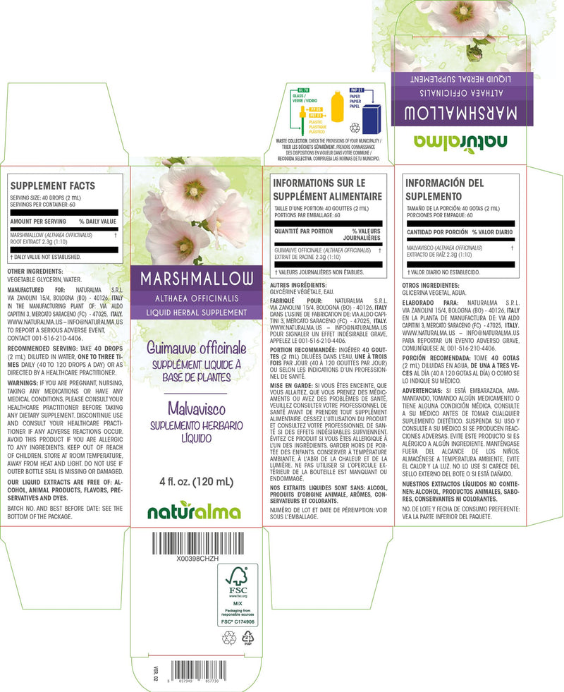 [Australia] - Naturalma Marshmallow (Althaea officinalis) root Alcohol-free Tincture - 4 fl oz Liquid extract in drops - Herbal supplement - Vegan 4 Fl Oz (Pack of 1) 