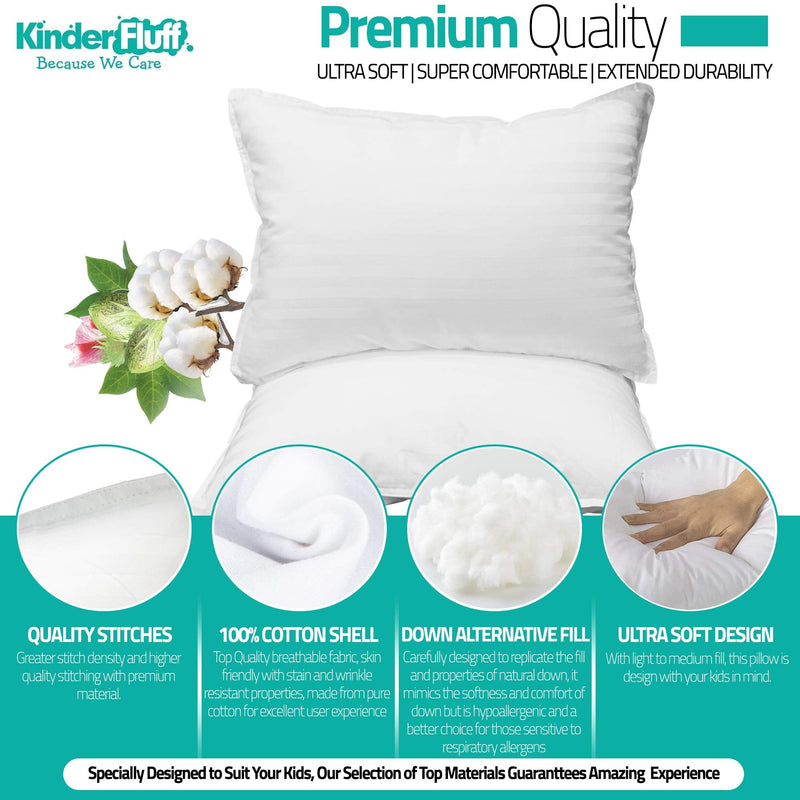 [Australia] - kinder Fluff Toddler Pillow (2X) 14x20in Small Sateen Stripe Pillow 300T Cotton & Down Alternative Fill for Children above 4 14x20in (Pack of 2) White With Sateen Stripes 