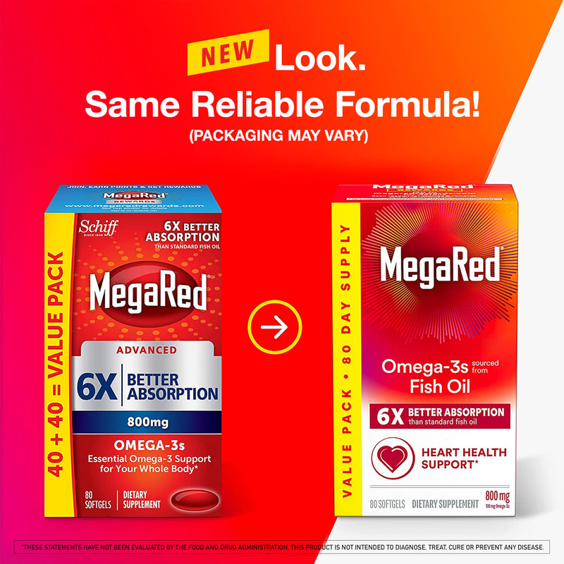 MegaRed Fish Oil 800mg Omega 3 Supplement with EPA & DHA, Supports Heart, Brain, Joint and Eye Health, No Fishy Aftertaste - 80 Softgels (80 Servings) | High Quality Fish Oil, EPA & DHA, 6x absorption, Heart, Brain, Joint & Eye Support, Vanilla scent, ...