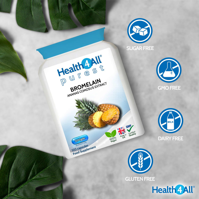 Bromelain 2500 GDU/g High Strength 1200 Units per Capsule for Inflammation, Swelling & Recovery 120 Vegan Capsules Pure Pineapple Enzyme Supplement for Digestion Support UK Made - Health4All 120 count (Pack of 1)