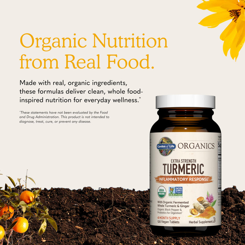 Garden of Life Organics Extra Strength Turmeric Inflammatory Response 120 Tablets-100Mg Curcumin (95% Curcuminoids) Black Pepper, Probiotics, Organic Non-GMO Vegan Gluten Free Herbal Supplement Unflavoured 120 Count (Pack of 1)